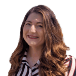 A woman with long hair and striped shirt.